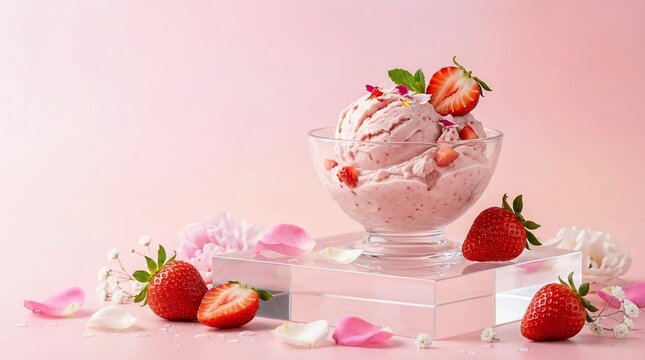 Strawberry ice cream dessert with fresh fruit and floral decoration