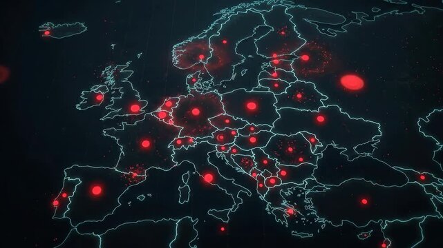 Futuristic digital map of Europe highlighted with glowing red target nodes, infection outbreak markers, or data network points. Perfect for global news broadcasts, pandemic spread tracking, logistics 