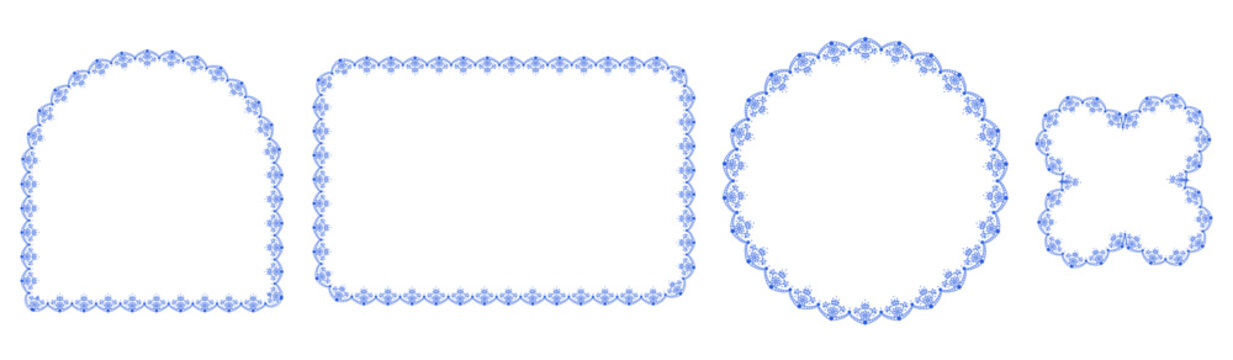 Cobalt folk floral lace borders outline arch, rectangle, circle plus quatrefoil frames with scalloped embroidery trim as vintage set isolated on white for wedding labels or craft stationery.