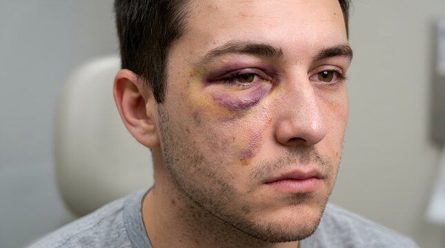 Young man with severe black eye and facial bruises from physical trauma facial bruise injury recovery medical examination patient assessment hospital visit skin trauma contusion swelling