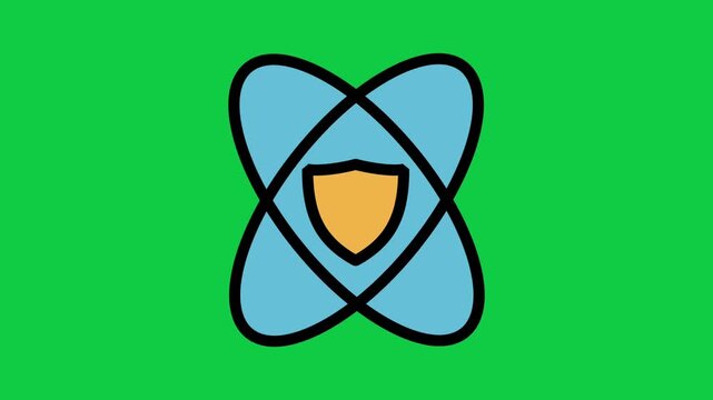 Cyber Security Orbit Motion Icon. Animated atomic orbit with central shield icon, symbolizing advanced data protection, nuclear security, technological safety, and defense.