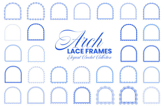 Blue arched lace frame set with scalloped crochet borders, heart motifs, floral eyelets, pearl dots on white background for wedding invitations, valentine cards, printable craft stationery labels.