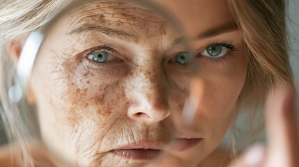Fototapeta premium Adult woman looks in mirror and sees her older self reflecting aging and skincare journey in a beauty setting Generative AI