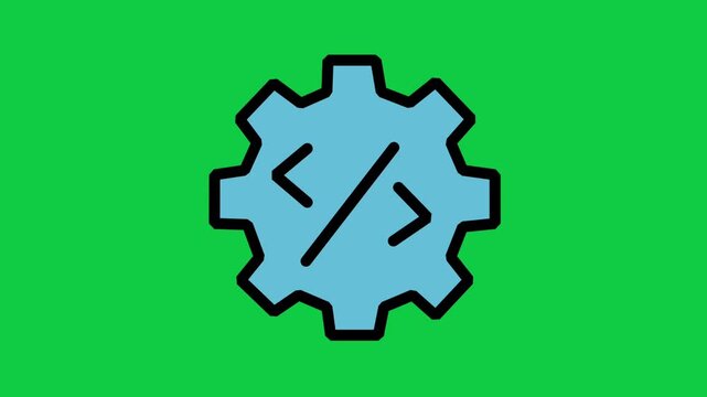 Coding Script Gear Motion Icon. Animated gear with code brackets icon, representing software development, backend programming, web optimization, and technical script configuration.
