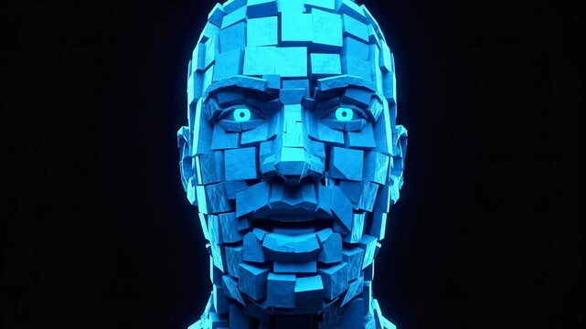 Frontal portrait of an artificial intelligence human face constructed from glowing blue digital blocks and cube fragments. Perfect for AI concept videos, cybernetic robot technology promos, virtual re