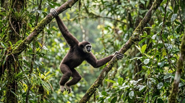 Black gibbon monkey climbing and hanging on tree branches in a lush green tropical rainforest