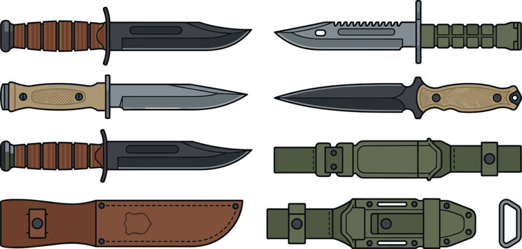 Tactical Military Knife Collection Vector Set Featuring Combat Knives, Bayonets, Daggers and Sheathed Blades Isolated on White Background