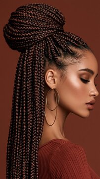 Fashion model with long box braids in high updo hairstyle for hair care and beauty trend portrait Generative AI