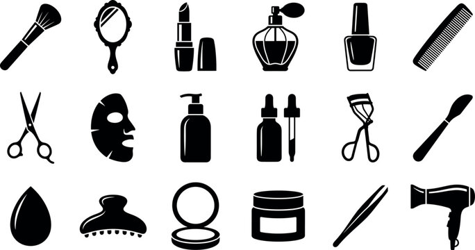 Fashion beauty cosmetics and skincare grooming salon icon set with makeup brush lipstick perfume lotion comb mirror and hair dryer vector.