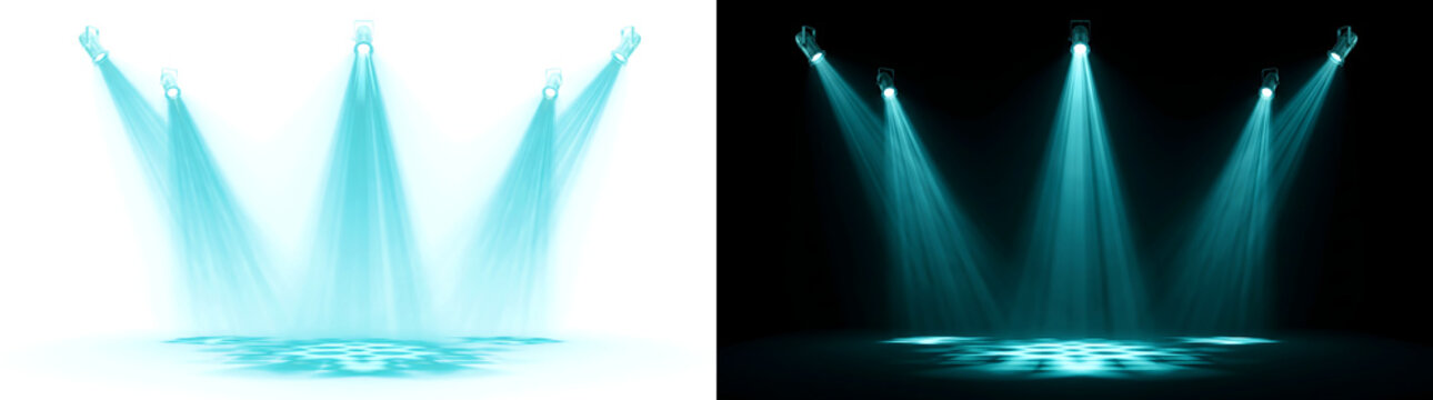 Multiple blue spotlight fixtures illuminate checkered dance floor with bright beams perfect for concert event design in PNG, Transparent and Black Background Versions