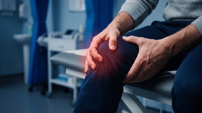 A close-up shot of a person sitting on an examination table in a clinical setting, holding their knee with both hands. A red glowing area indicates pain or injury.
