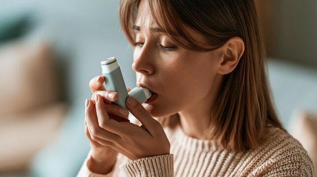 Woman holds asthma inhaler at home to treat breathing difficulty during respiratory condition Generative AI