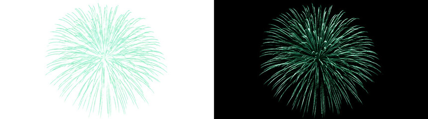 Fototapeta premium Sparkling green fireworks burst brightly against black night sky perfect for festival celebration design in PNG, Transparent and Black Background Versions