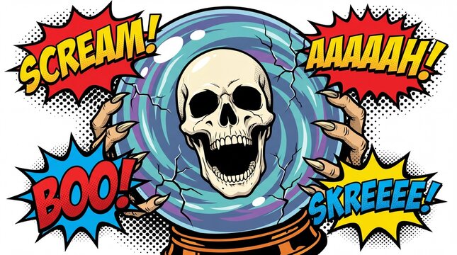 Retro comic book illustration of a screaming skull in a crystal ball with sound effects