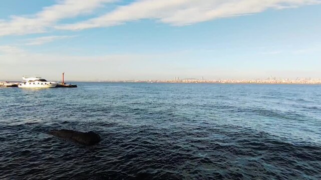 Wide Angle View of Istanbul City Skyline and Moored Yacht in the Sea of Marmara, Captured from Princes Islands Coastal Shore Under a Clear Blue Sky with Light Clouds