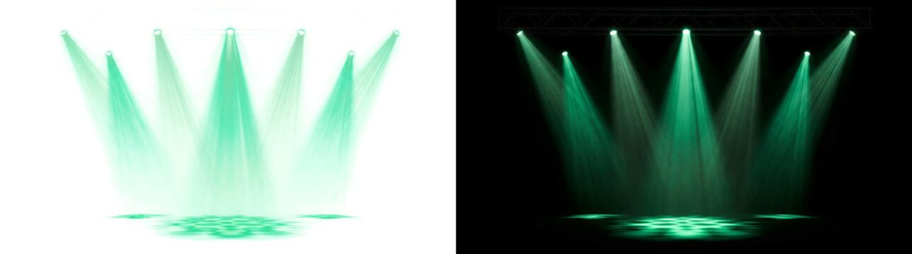 Concert stage truss holds multiple green spotlights beaming onto dance floor perfect for event design in PNG, Transparent and Black Background Versions