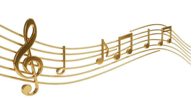 Golden musical notes and treble clef on a wavy staff isolated on transparent background