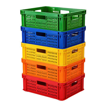Stack Of Colorful Plastic Storage Crates On White Background