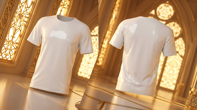 Clean White T-Shirt Mockup Front and Back View Featuring a High-Quality Realistic Render with Luxurious Golden Interior Background