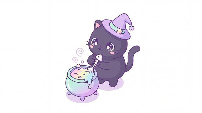 Isometric chibi illustration of a black cat witch stirring a bubbling cauldron in pastel colors