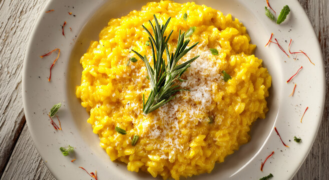 White plate filled with vibrant yellow risotto garnished with fresh rosemary and sprinkled cheese, served on rustic wooden table