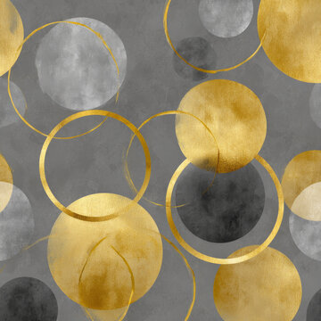 Abstract seamless pattern with golden and silver circles on gray background, elegant metallic texture, modern decorative design