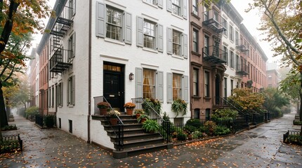 Fototapeta premium Corner townhouse row with shutters fire escapes and autumn leaves