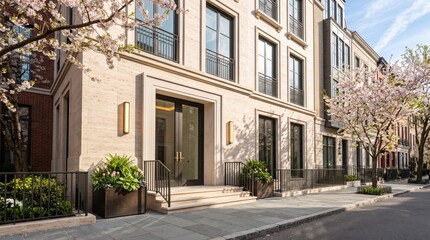 Fototapeta premium Corner townhouse facade with glass entry and cherry blossom trees