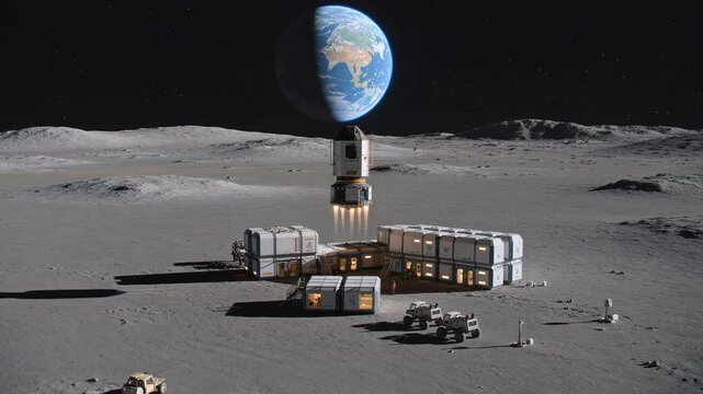Cargo spacecraft descending toward a moon base for space exploration mission. Lunar station landing with vehicles on surface. Futuristic cosmic travel animation