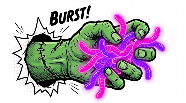 Pop art comic illustration of a green zombie hand bursting with glowing gummy worms