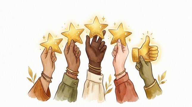 Diverse hands holding glowing golden stars representing five star customer service rating and positive feedback for business success