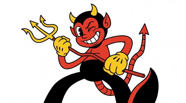 Vintage cartoon illustration of a mischievous devil winking with a pitchfork