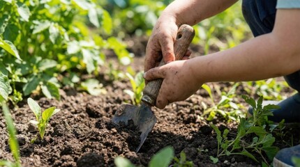 Fototapeta premium Close up of hands using a trowel to plant seedlings in fertile garden soil surrounded by green plants