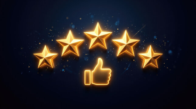 Five golden stars and a thumbs up icon glowing against a dark blue background representing customer feedback satisfaction