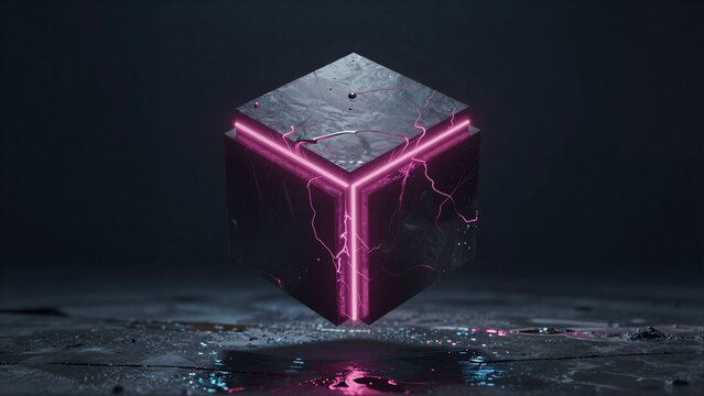 Neon-pink energy crackles around a metallic cube floating above wet, reflective ground.