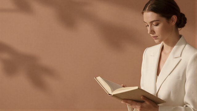 A woman in white reads a book, bathed in warm sunlight against a textured wall.