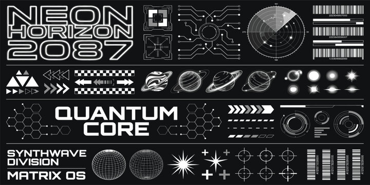 Retro futuristic streetwear element, cyberpunk aesthetic decals. Sci-fi inscriptions or stickers, techwear label template, acid forms and symbols, minimalist high tech graphic design assets vector set