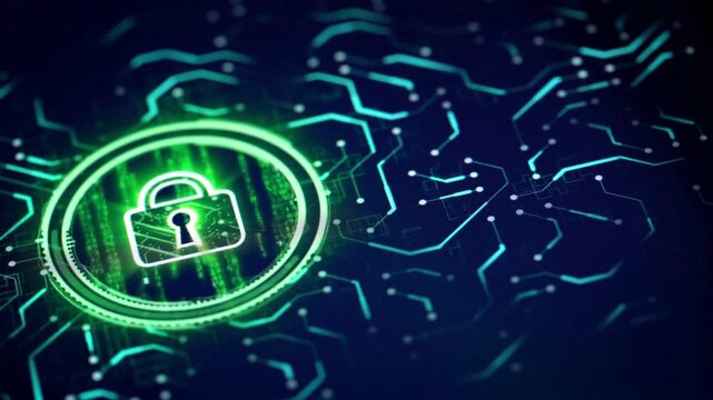 Abstract digital security concept with glowing green padlock icon on circuit board background representing cyber data protection