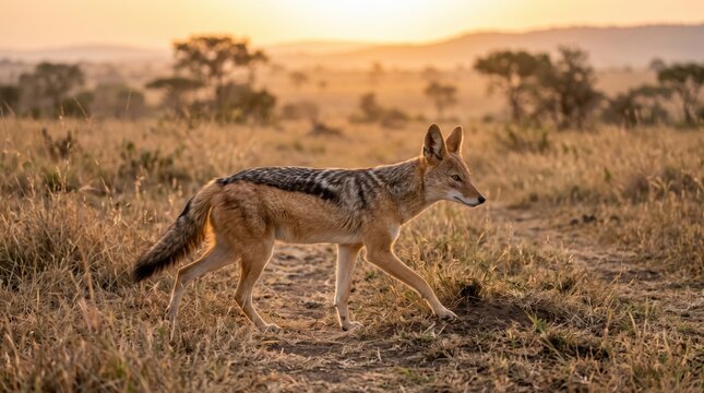 Black-backed jackal walking in the african savanna during a warm golden sunset