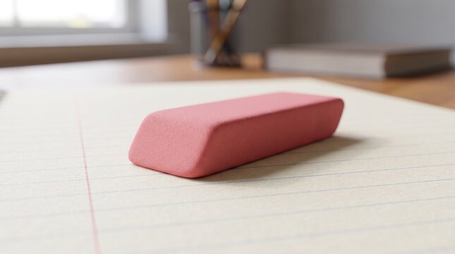 Classic Pink Rubber Eraser Resting on Lined Paper Page
