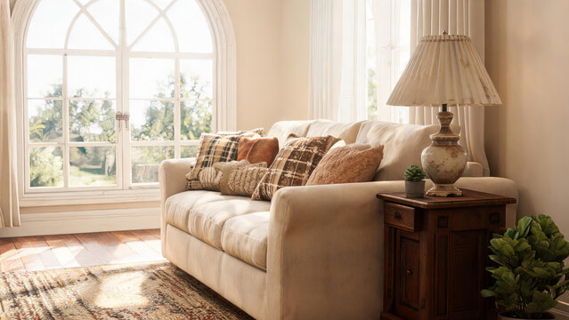 A bright, cozy living room space with a soft sofa, decorative pillows, and natural light from a large arched window, complemented by warm decor.