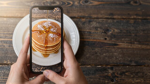 Hands hold phone capturing syrup-dripping pancakes on rustic wooden table.