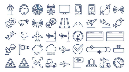 A comprehensive collection of aviation and airport icons representing various aspects of air travel and air traffic control. © Denada