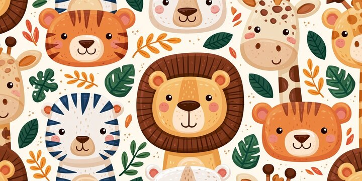 Cute safari animals pattern for nursery wallpaper and kids textile design featuring lions, tigers, giraffes, and zebras Generative AI
