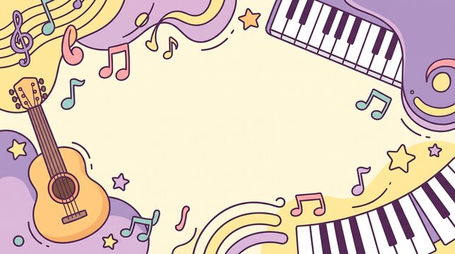 Cartoon musical instruments and piano keys frame background