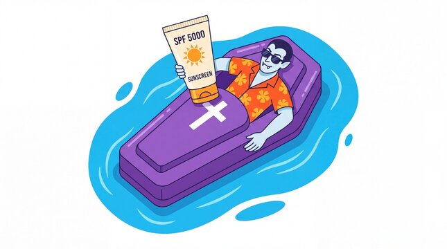Vampire holding spf 5000 sunscreen while floating in coffin inflatable raft on water
