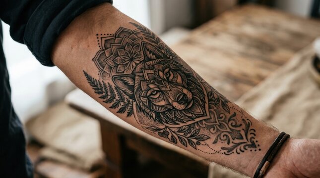 Intricate Geometric Wolf Tattoo Design on Male Forearm with Mandala and Fern Elements