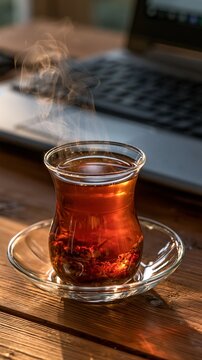 Steaming turkish tea in a glass cup on a wooden desk with a laptop keyboard in the background during a work session Generative AI