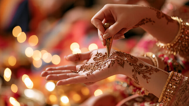 Festive Mehndi Decoration in Progress Under Warm Celebration Lights