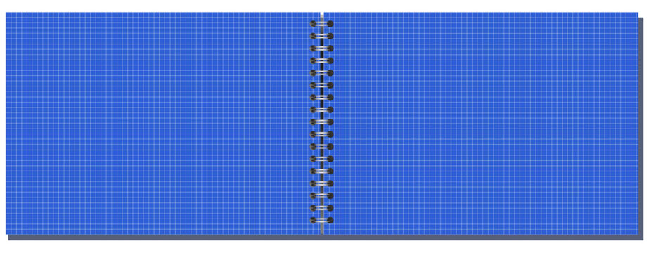 Pale Green engineering grid notebook page shows fine squared ruling, side wire binding, and wide landscape format on white background. Suitable for schoolwork, planning, stationery layouts, notes and
